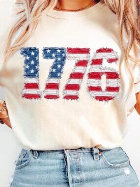 Distressed Faux Patchwork 1776 USA Flag Shirt
